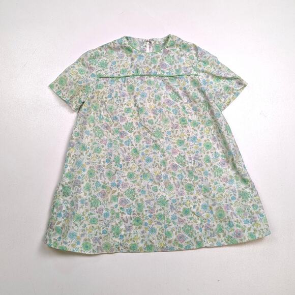 Vintage Handmade Dress Girls Sz 18-24m Green Floral Mod Hippie Boho Dainty - Picture 1 of 3